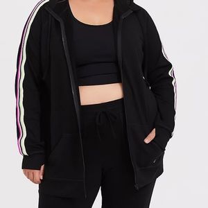 Torrid active black zip up hoodie w/ neon stripes